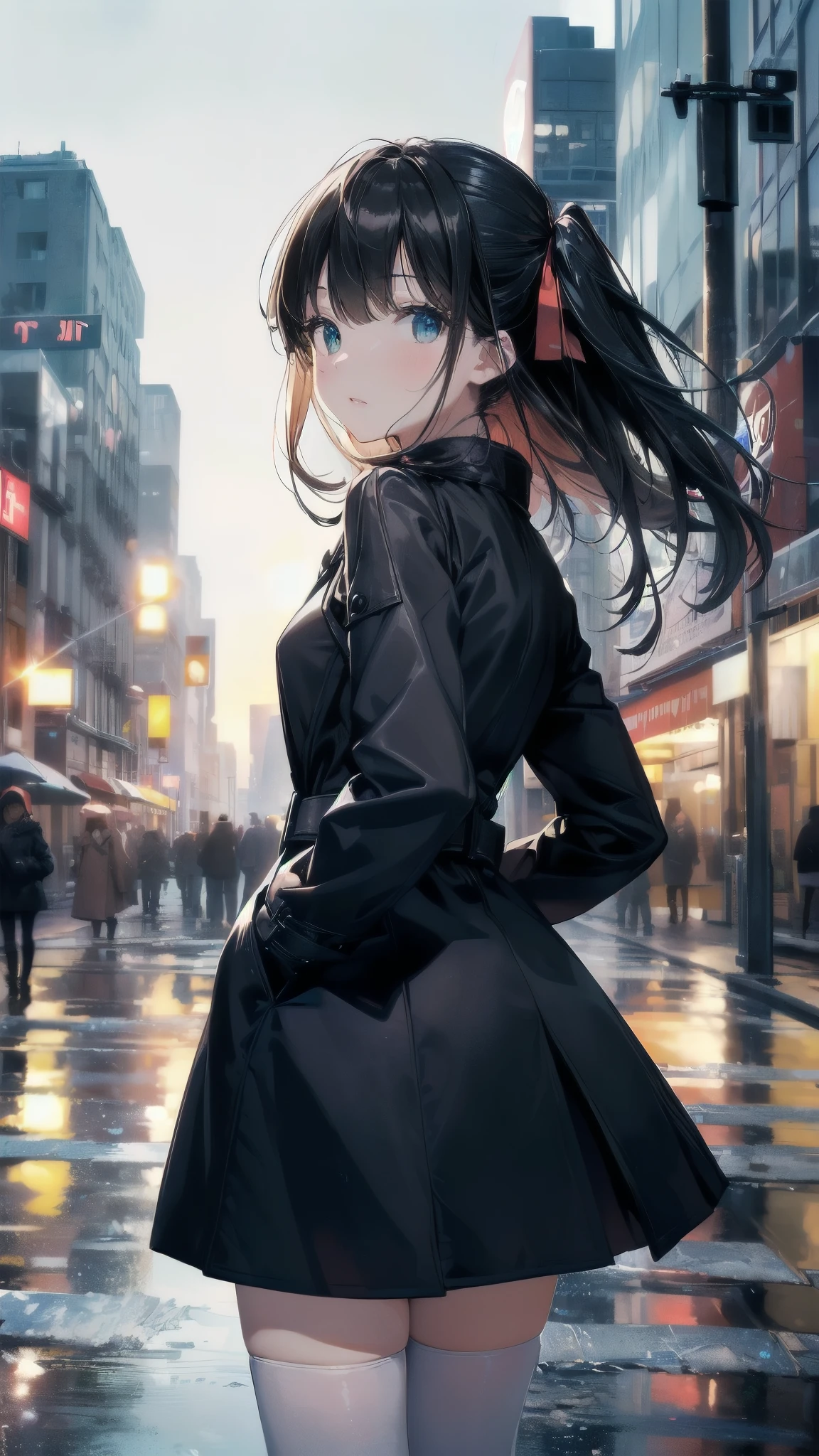 ((High Resolution Masterpiece:1.5、Highest Quality:1.5、Very Detailed:1.2、Browsing Caution:1.3))、One girl in a city,
Street focus,
Solo subject,
Elegant posture,
Highly detailed urban architecture,
(Blur the background:1.3),
((Put your arms behind your back:1.2)),
Black Skirt with a subtle gloss,
Red coat with a playful sway,
Eye-catching focus on the subject's eyes,
((City lights reflecting on the surface of the coat:1.1)),
((Reflections of