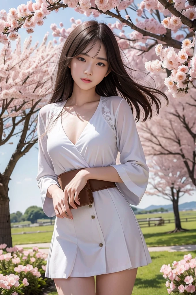 (RAW Photos:1.2), (Realistic), Beautiful detailed girl, Very detailedな目と顔, Narrow and beautiful eyes, Large file size, High resolution, Very detailed, Highest quality, [Tabletop:1.6], shape, Very detailed, The finer details, Highest quality, 8k wallpaper, Cinema Lighting, Several 15-year-old Japanese schoolgirls, 3 female students, flower々Spring plateau in full bloom, The wind is too strong&#39;T stand, In strong winds, All female students&#39; Her skirt has flipped up and her underwear is showing., In the warm plateau of spring, Very strong winds , Her shirt is open, revealing her white bra and large protruding breasts and nipples., The wind opens the front of my shirt, The S-size micro bra is visible., Her shirt is blown away by the wind, Skirt soars in strong winds, White string panties are visible, Slender body, Young Face, G-cup big breasts, Exposed underwear, Warm spring storm scene, Spring scenery, Lots of spring trees, Female students stand up to avoid being blown away by the strong wind