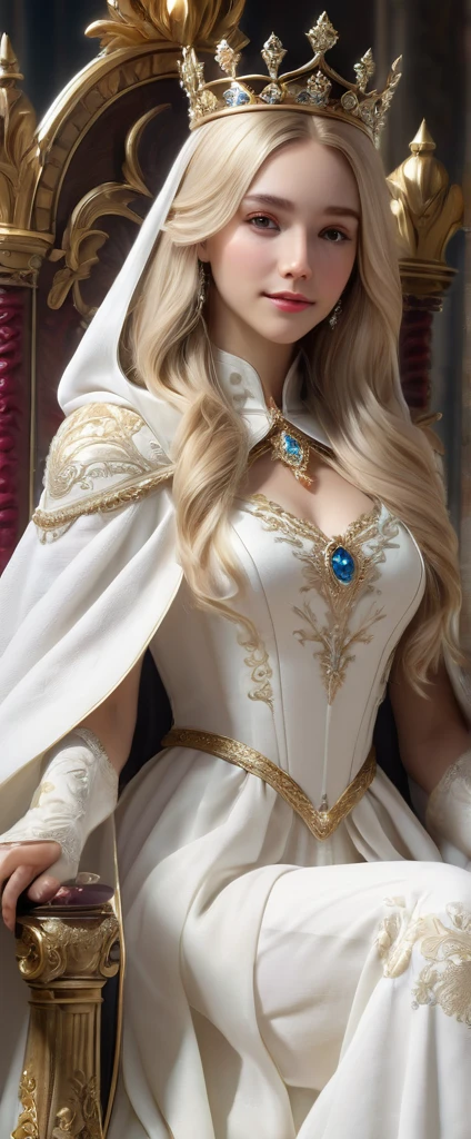 Grateful girl, blonde long hairs, with white dress and cloak, the crown in the head, sit in the throne with the queen, she is very kind, she is sweety smile, full body, high quality, high details, artistic style, respectful attitudeextremely detailed) CG unity, 8k wallpaper, (cinematic angle)