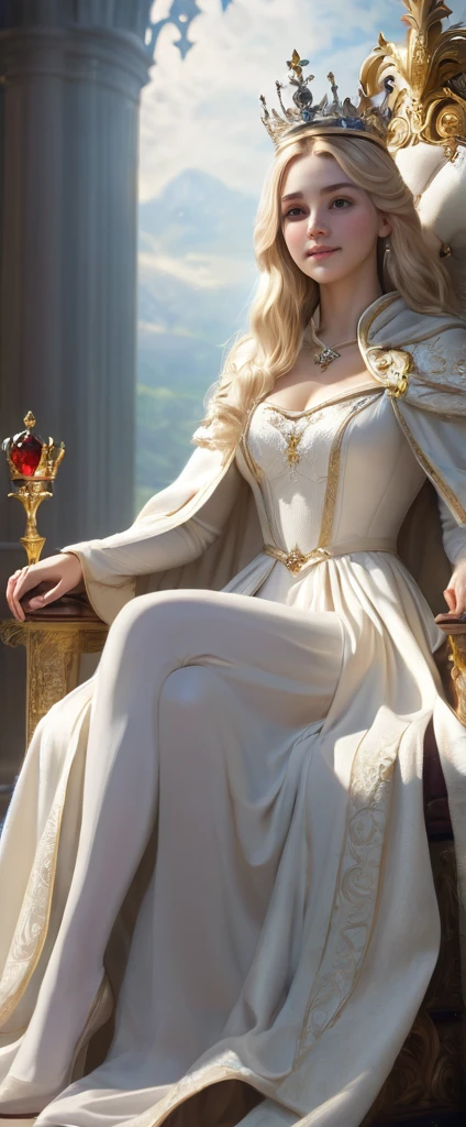 professional 3d render, realisticlying;1.3 ,soft features, full bodyesbian ,Beautiful perverted big-breasted queen ,with a gold crown, Handheld white pulp, Indecency, Obscene armor,Nuanced blue eyes, Sunset background, The wind blew through her hair and,Detal Face, Realistic photography.