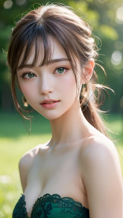 (((masterpiece))), (((Highest quality))), ((Very detailed)), (Very detailed shooting), ((very delicate and beautiful)), Cinematic Light,((One girl)) , alone , (Upper Body), (Character Focus), Big Breasts, Cleavage, Top shirt, Exposing shoulders, beautiful, cute, ((Medium shot)), ((Portraiture)), ((High End 2K) ), ( (Green Eyes)), Outdoor Green, Wind, ponytail, smile, A small piece of coral on the cheek