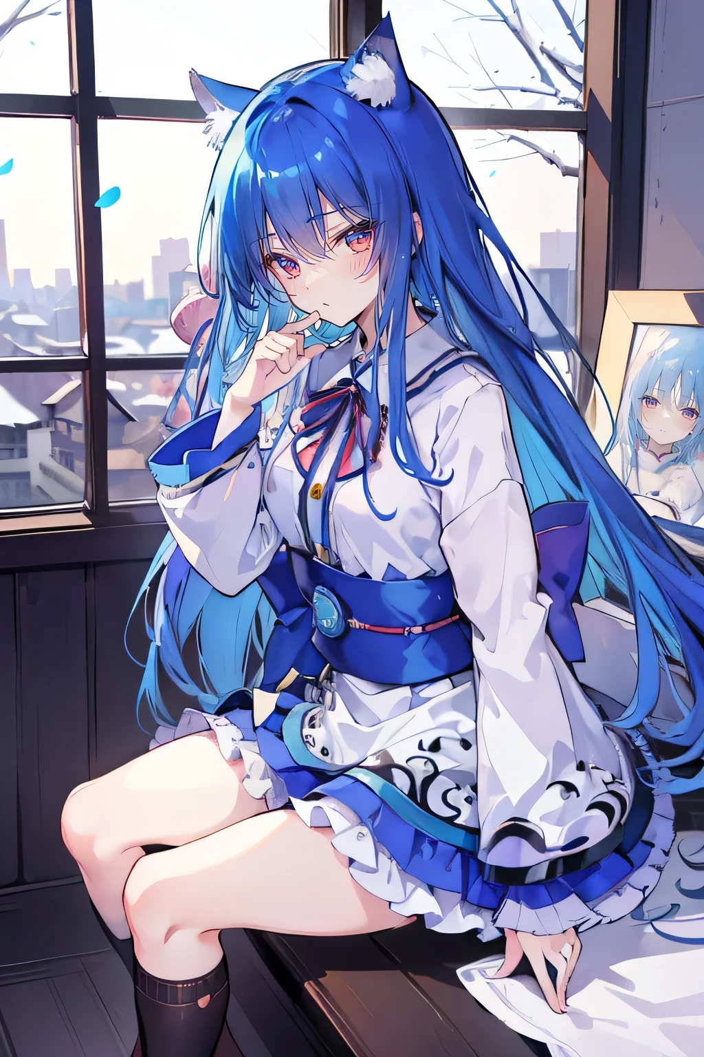 (Masterpiece:1.2),Ultra-detailed,lifelike,The eyes are expressive,Fair skin,Perfect face shape,1 girl,Japanese Manga,Gorgeous blue hair,Flowing blue hair,Flowing clothes,Cat ears,Petals falling,Smile,Tokyo background,background,heavy snow,winter.Highest quality,perfect face,sitting on window sill drinking coffee and looking out the window.