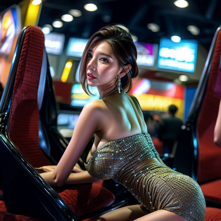 GameShow event girls in sexy costume, (((Song Joo A))) clearly visible the shape of Butt, Full of (Game machine),(pleasure in heaven, life and eternity). (Full body shot:1.2),intricate,ultra detailed,expression art,grand scale,epic,zoomed out,wide angle. (ExtremelyDetailed Beautiful face). (Exposed:0.42)