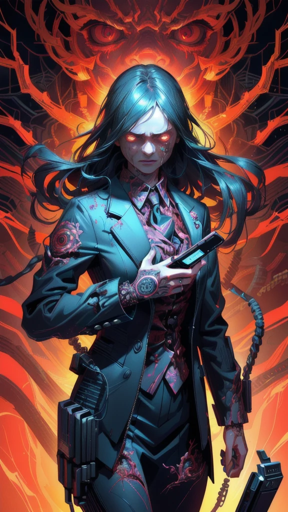 arafed image of a girl in a suit with a cell phone in her hand, illustration daily deviation,, anger. hyper detailed, technological anguish, horrific digital art, anxious. highly detailed, digital horror artwork, personification of greed, personal computer horror, dan mumford. octane render, horror illustration