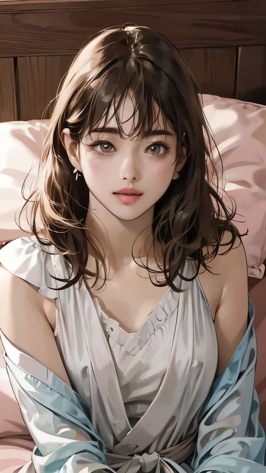 Highest quality, Face Focus, Soft Light, Ultra-high resolution, (Realistic:whole body), RAW Photos, 1 Japanese girl, alone, cute, Beautiful face in every detail, ((Firm and shapely C cup breasts)), (High resolution detail of human skin texture), (Wavy short hair), ((Neat bangs:1.5)), wear a black camisole, Nipples, On the bed、Lying down、((Both arms behind the head)), ((Small and beautiful pink areola)), (Portraiture)