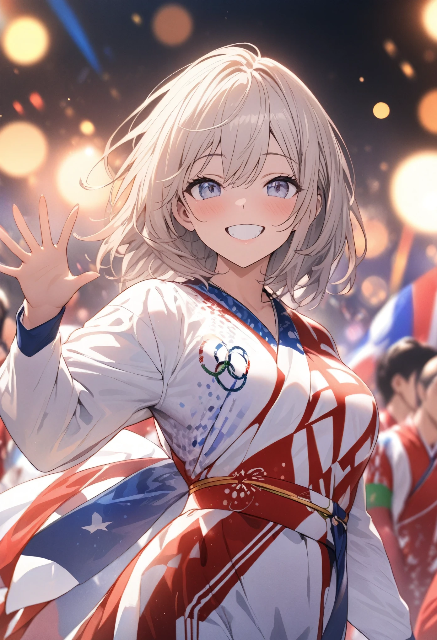 masterpiece, best quality, extremely detailed CG unity 8k wallpaper, Olympic opening ceremony, anthropomorphic gorilla athlete, white shirt with red lines, Japanese athletes, smiling and waving as they march, bokeh photography, (soft focus):1.2, out-of-focus highlights, dreamy ambiance, glowing circles, mesmerizing depth