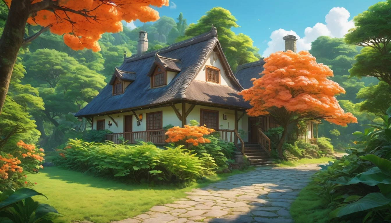 (masterpiece:1), (Unobscured:1.6),(Beautiful cottage:1.7), (nature:1.3), (night:1.6), (Orange and green trees:1.65), Quiet, (Spring season:1.5), (bush:1.5), (jungle:1.7), (Greenery:1.5), magnificent sky, (Tropical plants:1.6), (Begonia tree:1.5), (Bright and vivid colors:1.6), (Volumetric Light:1.2), calm的, (Quiet:1.4), (Aesthetics:1.5),(Blue Hour:1.3), (calm:1.3), (Ambient Light:1.5), (landscape:1.4), (Beautiful aesthetics:1.2), (landscape:1.5), (Ghibli style:1.4) Beautiful Tone, subtle Colors, calm的, (illustration: 1.0), Epic creation, Realistic lighting, (No humans:1.6), High-resolution details, masterpiece, best quality, ,