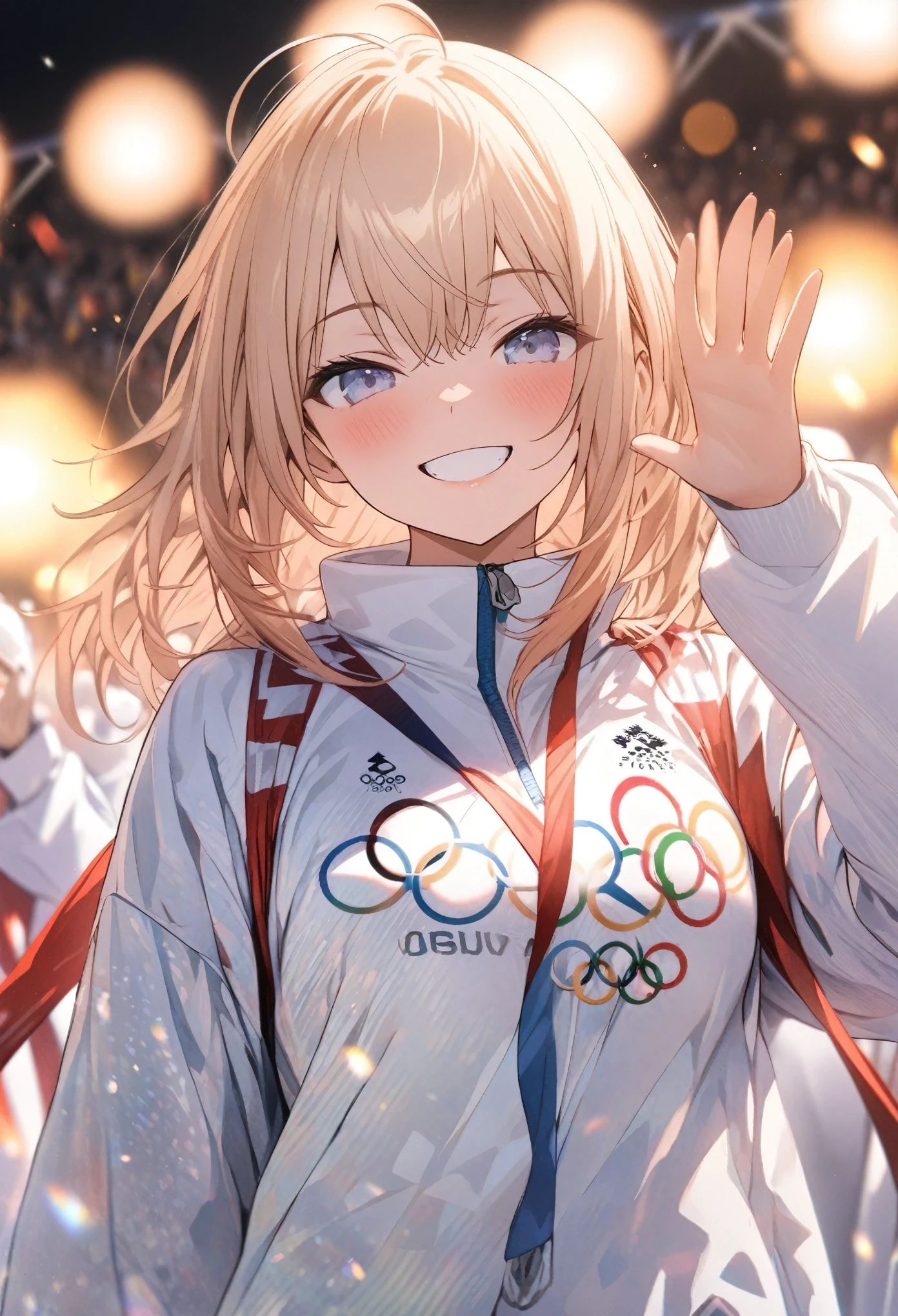 masterpiece, best quality, extremely detailed CG unity 8k wallpaper, Olympic opening ceremony, anthropomorphic gorilla athlete, white shirt with red lines, Japanese athletes, smiling and waving as they march, bokeh photography, (soft focus):1.2, out-of-focus highlights, dreamy ambiance, glowing circles, mesmerizing depth