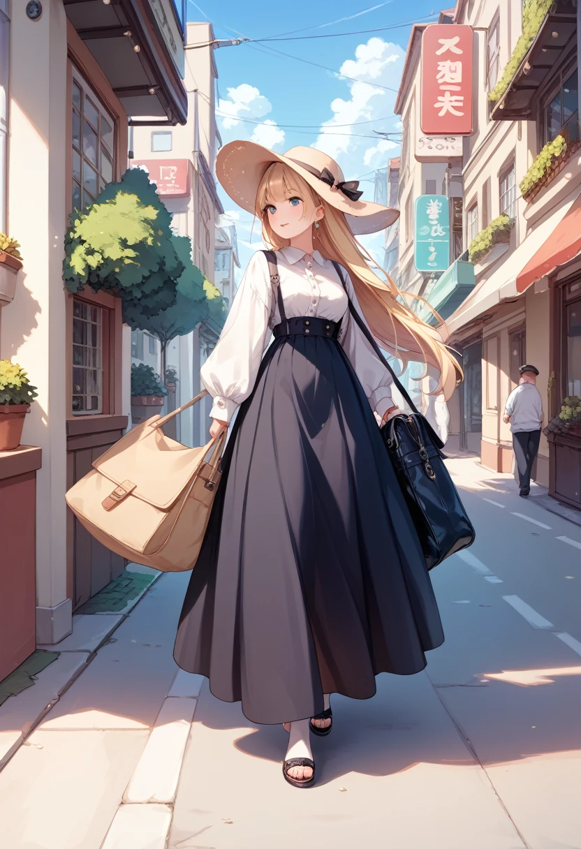 White,Blonde,semi-long,hat,black  long dress ,Residential Street,Walking,There&#39;s a car in front of me