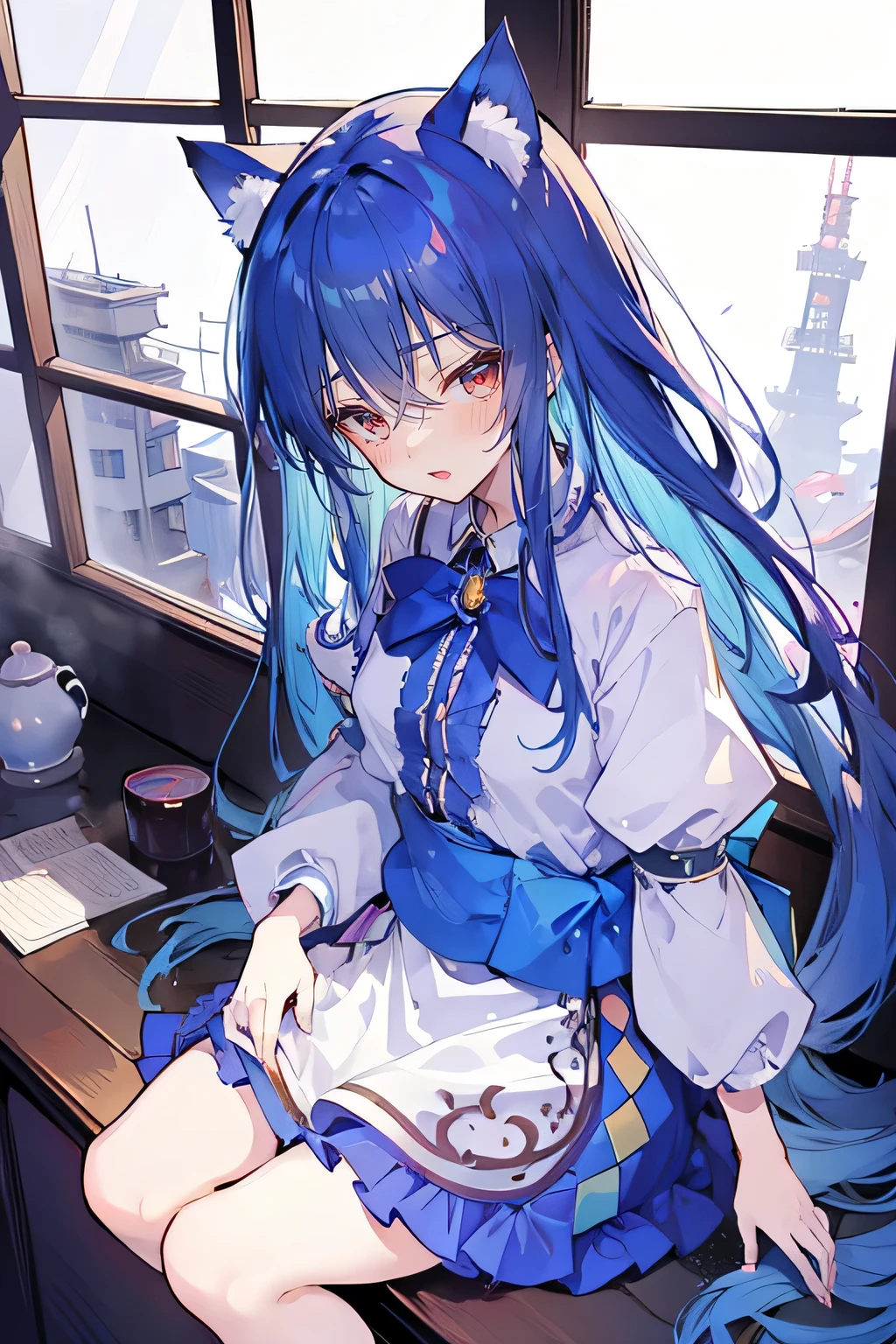 (Masterpiece:1.2),Ultra-detailed,lifelike,The eyes are expressive,Fair skin,Perfect face shape,1 girl,Japanese Manga,Gorgeous blue hair,Flowing blue hair,Flowing clothes,Cat ears,Petals falling,Smile,Tokyo background,background,heavy snow,winter.Highest quality,perfect face,sitting on window sill drinking coffee and looking out the window.