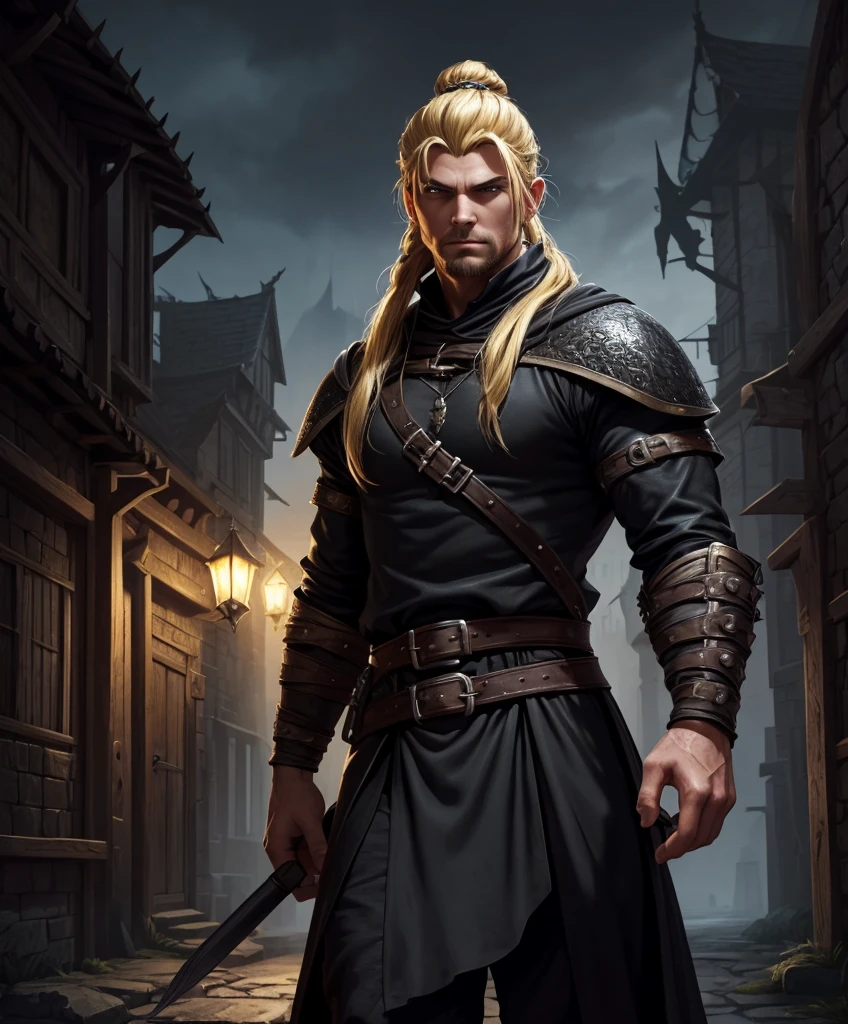 (((Solo focus.  1boy.  Single character image.)))  Generate a muscle stud fantasy character.  Generate a muscle hunk fantasy character, dressed all in black.  (((Medieval-style tropical town at night.))) (((Luxurious blond hair in a topknot.)))  (((Looks like Adonis.))) (((Appears to be 20 years old with youthful looks.))) (((Dark and sinister background at night.))) (((Alpha male))) (((Solo character image.))) (((Generate a single character image.)))  Dark fantasy art, (((Dark, night time background.))) (((Strong elements of dark medieval fantasy.))) (((Handsome and athletic.))) (((This is an urban explorer in a dark fantasy realm.))) Night background. Dark. Eerie. Dark fantasy art, long  hair in a masculine style, Scoundrel. Vagabond. Miscreant.   Knave. This is an urban explorer in a dark fantasy realm. Looks mysterious, wearing a black shirt, black pants and black boots. Looks like a sneaky rogue in medieval fantasy urban setting. Looks like a shady rogue in a medieval fantasy setting. Looks like a medieval fantasy male character. Looks like a male rogue for Dungeons & Dragons in a medieval fantasy setting. Wears lots of black clothing. Looks like a handsome criminal for a medieval fantasy setting. Looks shifty. Looks suspicious. Looks untrustworthy. wearing black leather medieval clothing, sneaky, rogue, muscular, gorgeous face, fantasy artwork, fantasy attire, fantasy adventurer, masterpiece:1.3,madly detailed photo:1.2, hyper-realistic lifelike texture:1.4, picture-perfect:1.0,8k