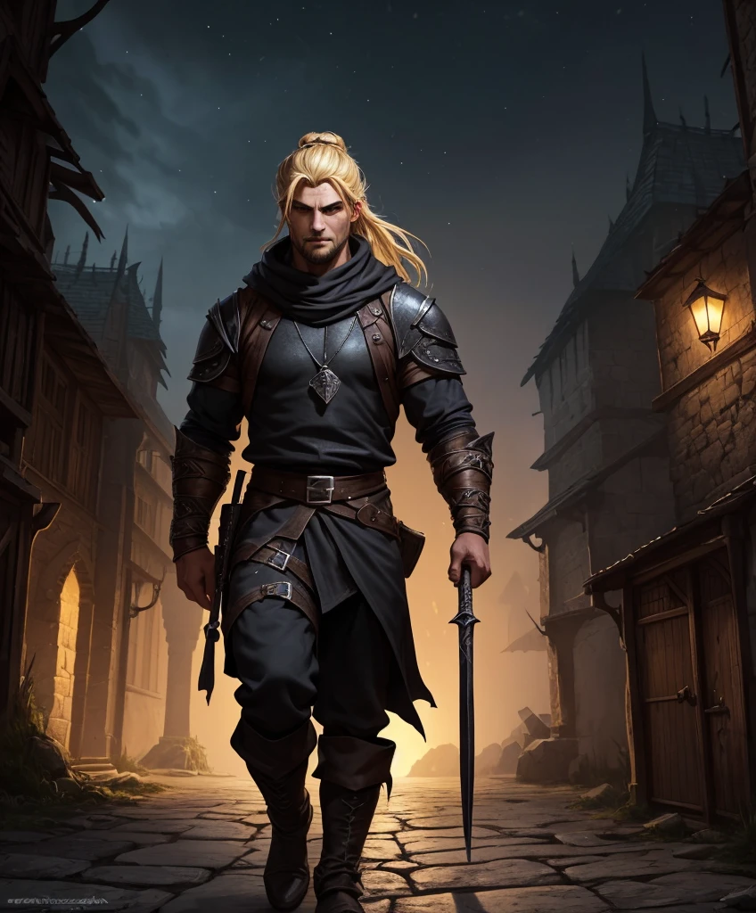 (((Solo focus.  1boy.  Single character image.)))  Generate a muscle stud fantasy character.  Generate a muscle hunk fantasy character, dressed all in black.  (((Medieval-style tropical town at night.))) (((Luxurious blond hair in a topknot.)))  (((Looks like Adonis.))) (((Appears to be 20 years old with youthful looks.))) (((Dark and sinister background at night.))) (((Alpha male))) (((Solo character image.))) (((Generate a single character image.)))  Dark fantasy art, (((Dark, night time background.))) (((Strong elements of dark medieval fantasy.))) (((Handsome and athletic.))) (((This is an urban explorer in a dark fantasy realm.))) Night background. Dark. Eerie. Dark fantasy art, long  hair in a masculine style, Scoundrel. Vagabond. Miscreant.   Knave. This is an urban explorer in a dark fantasy realm. Looks mysterious, wearing a black shirt, black pants and black boots. Looks like a sneaky rogue in medieval fantasy urban setting. Looks like a shady rogue in a medieval fantasy setting. Looks like a medieval fantasy male character. Looks like a male rogue for Dungeons & Dragons in a medieval fantasy setting. Wears lots of black clothing. Looks like a handsome criminal for a medieval fantasy setting. Looks shifty. Looks suspicious. Looks untrustworthy. wearing black leather medieval clothing, sneaky, rogue, muscular, gorgeous face, fantasy artwork, fantasy attire, fantasy adventurer, masterpiece:1.3,madly detailed photo:1.2, hyper-realistic lifelike texture:1.4, picture-perfect:1.0,8k