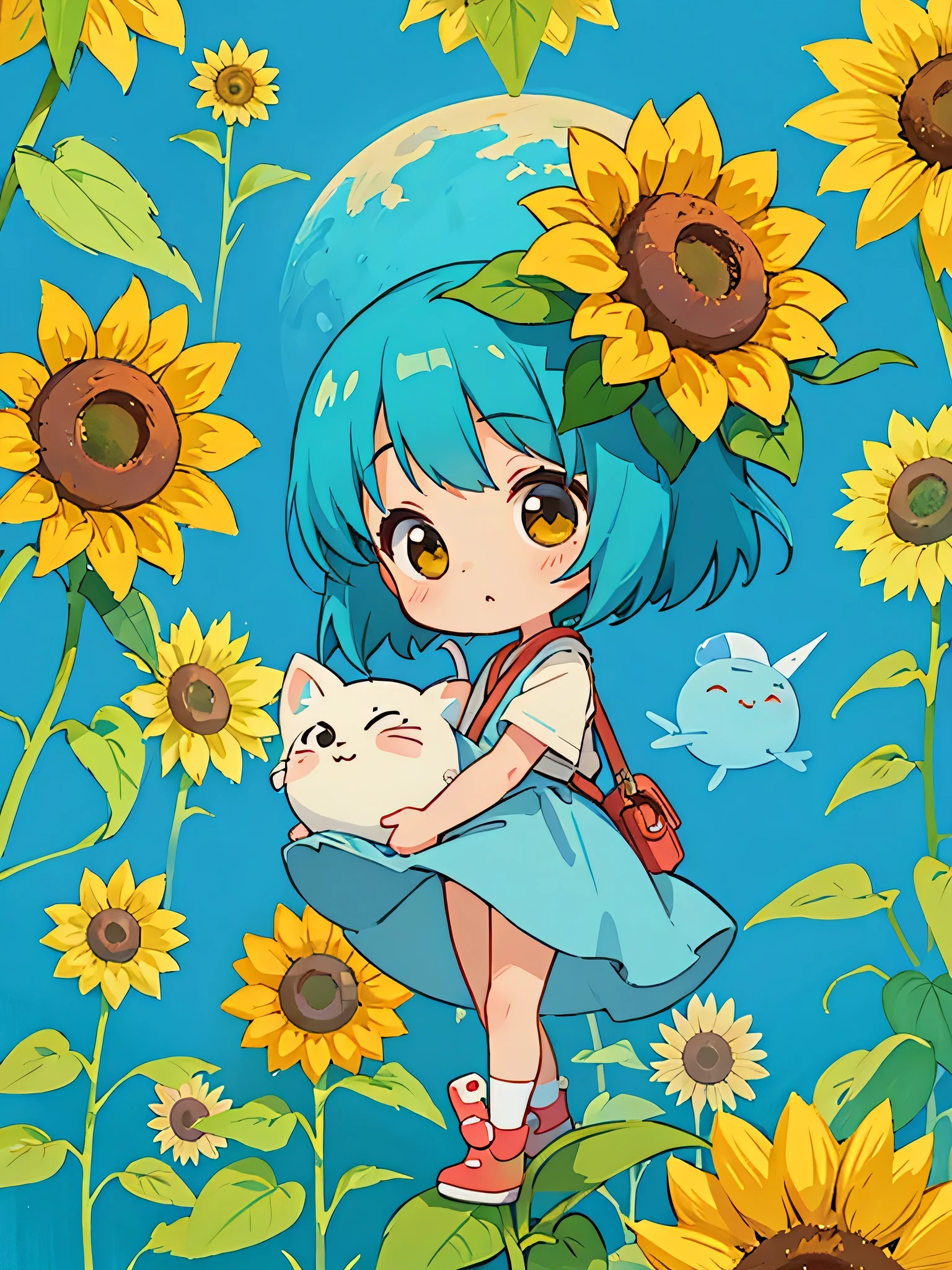 hayao miyazaki style, Kawaii Design, The most beautiful girl of all time、Chibi, Cute Alien、Mars exploration、sunflowers