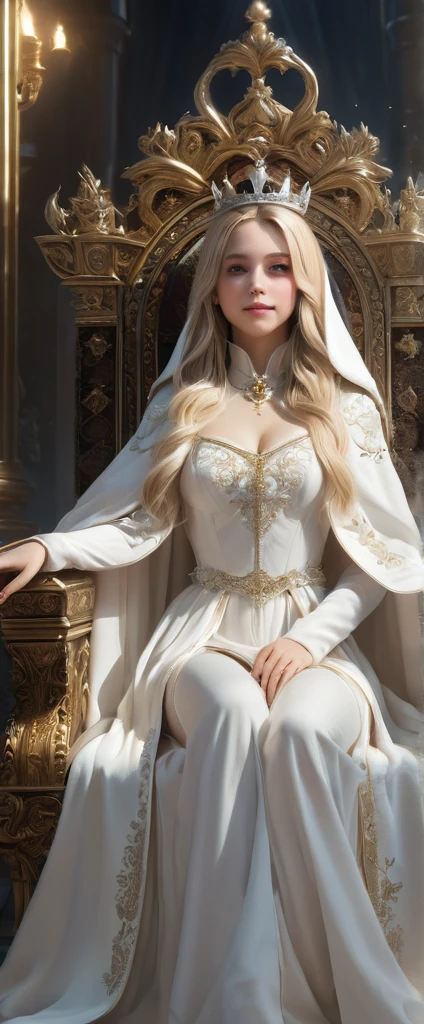 Grateful girl, blonde long hairs, with white dress and cloak, the crown in the head, sit in the throne with the queen, she is very kind, she is sweety smile, full body, high quality, high details, artistic style, respectful attitudeextremely detailed) CG unity, 8k wallpaper, (cinematic angle)