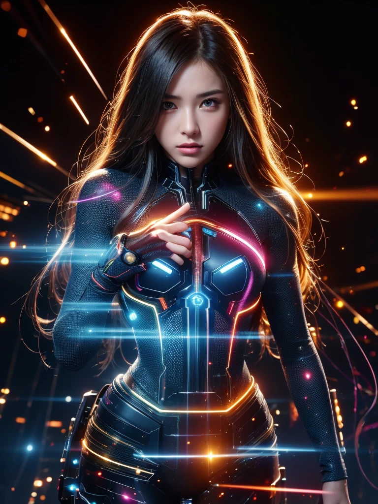 Ultra-Realistic Capture,18k,RAW Photos,Highest quality,masterpiece,reality,Very detailed,Very beautiful woman,Detailed face,Glowing Skin,rainbow,Automata,cyber punk,18-year-old ,Model body type,slim,Large number of LEDs,Clothes made of light particles,Rainbow Skin,Implanted electronic devices,Very detailedな電子機器,Many connecting lines,Very long hair,Large Breasts,Acrobatics,((Middle finger:1.5)),Black background,neon,Looking down,Angry expression,