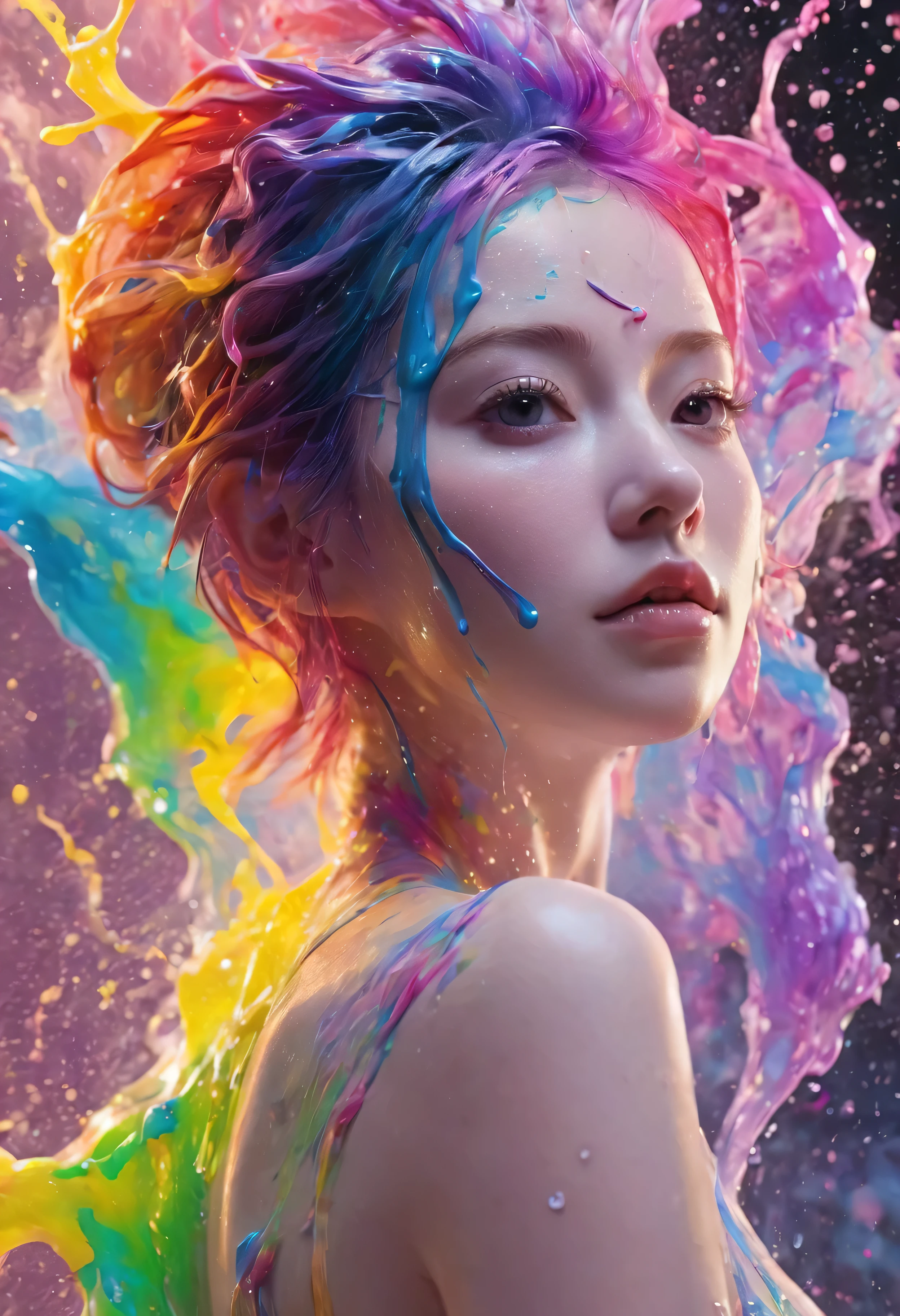 (Level Difference:1.8),(Paints collide and splatter on the canvas),(Depth of written boundary),(Flat Color:1.1,(theme)),1 girl,Poster,, Young face, Short Hair, Medium bust, (Liquid dye applied to naked skin:1.4), Full body woman love,Strong winds,thick smoke,,(liquid dye for rainbow hair:1.1) Painted,anti-gravity,stringy viscous liquid,(Paint splashes:1.3),liquidity,Stunningly beautiful, masterpiece, Detailed Background,Super high quality model, Fantastic Background,Abstract Beauty, Volume, Painting,Blowing,Romantic lighting,Scattered beneath the surface,Shine,8k,High resolution, wonderful,Ray Tracing,Human Development Report,Divine Light,