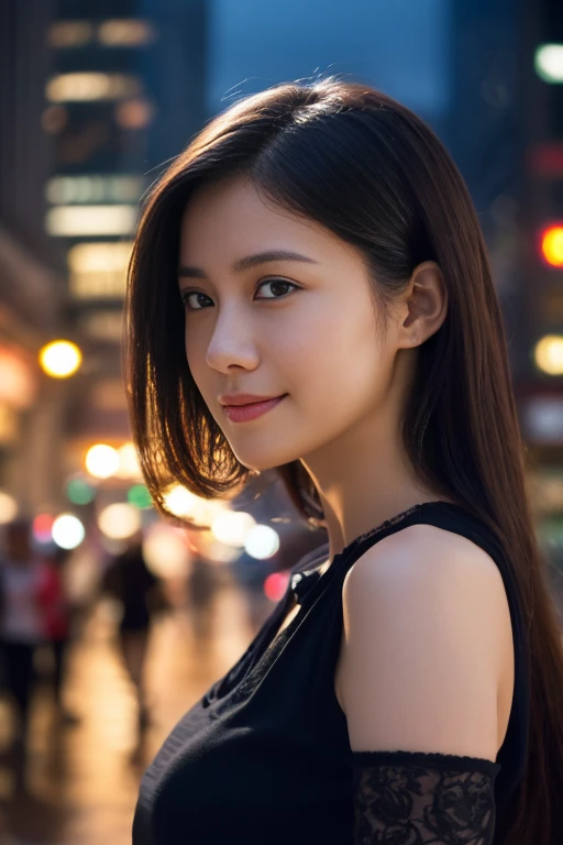 
((Tabletop:1.4, Highest quality)), (Realistic photos:1.4), 
((1 girl)), (Beautiful actress), (dream-like),
(超High resolution:1.2), Very delicate and beautiful, wonderful, Very detailedな CG Unity 8k 壁紙, Very detailed, High resolution, 
Soft Light, Beautiful detailed girl, Very detailedな目と顔, Beautiful and detailed nose, Beautiful and detailed, 
(Wearing a black blouse:1.3),
Cinema Lighting, Perfect ???????, Slender body, 
(Skyscraper street at night:1.3), (Outdoor), (Dawn Falls:1.4), (Glass building reflection),
Cowboy Shot, Looking at the audience, Old-fashioned smile