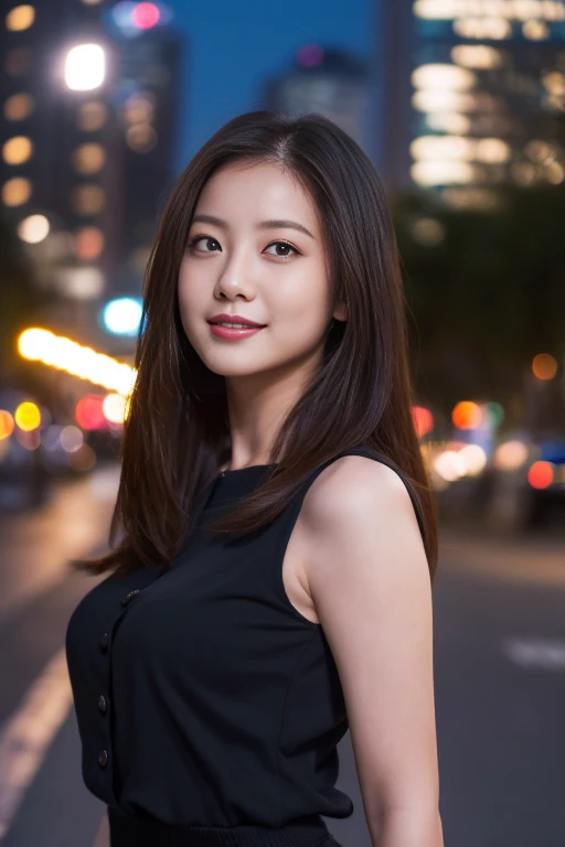 ((Tabletop:1.4, Highest quality)), (Realistic photos:1.4),
((1 girl)), (Beautiful actress), (dream-like),
(超High resolution:1.2), Very delicate and beautiful, wonderful, Very detailedな CG Unity 8k 壁紙, Very detailed, High resolution,
Soft Light, Beautiful detailed girl, Very detailedな目と顔, Beautiful and detailed nose, Beautiful and detailed,
(Wearing a black blouse:1.3),
Cinema Lighting, Perfect Anatomy, Slender body,
(Skyscraper street at night:1.3), (Outdoor), (Dawn Falls:1.4), (Glass building reflection),
Cowboy Shot, Looking at the audience, Old-fashioned smile