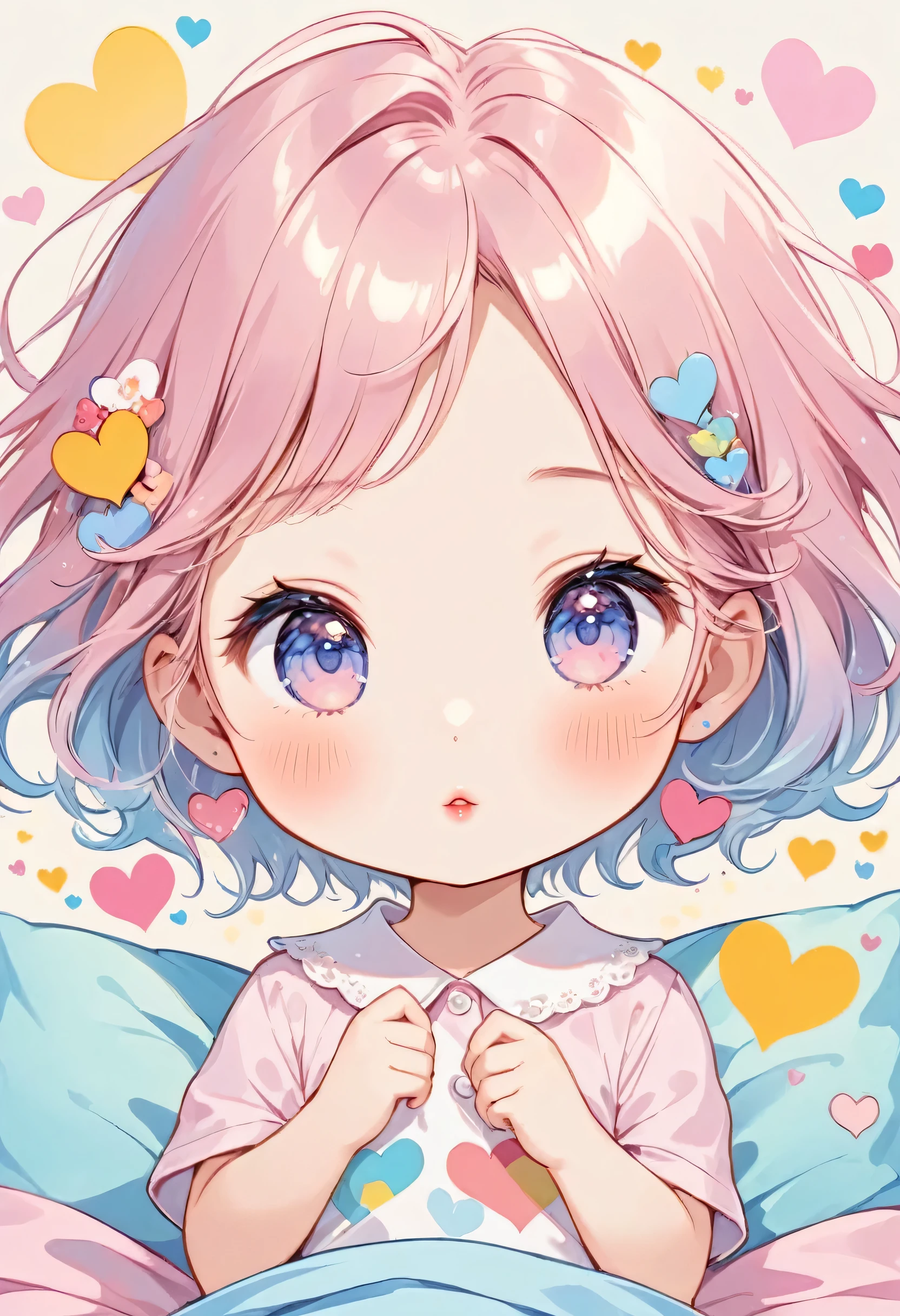 Hayao Miyazaki pastel color style, Simple Line Initialism,Abstract art, (((The most beautiful girl of all time))), chibi, Sweet face. Lips in love, colorful hearts, kawaii design, (((Good morning))), hospital bed