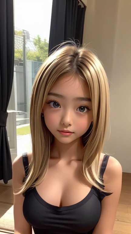 (Detailed face:1.3),1人のgirl, 、cute、(((Euphoric face:1.2)))、(Tight plain black camisole:1.5)、Baby Face、(V bust:1.4),Pointed nipples:1.4、Nearby Spot:1.2,Brown eyes, ((Gal Hairstyles、Blonde Hair:1.1))、girl, (Eye and facial details:1.0), break, (masterpiece, Highest quality, Very detailed,8k:1.3)、front、Black side-tie panties:1.2、Plump