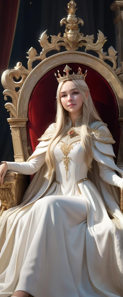 Grateful girl, blonde long hairs, with white dress and cloak, the crown in the head, sit in the throne with the queen, she is very kind, she is sweety smile, full body, high quality, high details, artistic style, respectful attitudeextremely detailed) CG unity, 8k wallpaper, (cinematic angle)