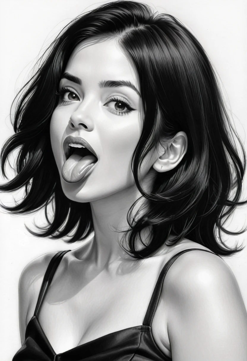 Realistic black and white drawing, woman with shoulder-length black hair, showing her tongue,