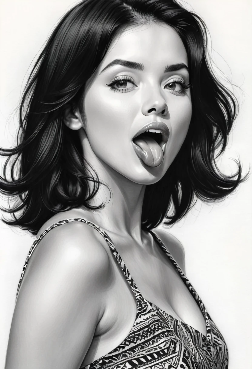 Realistic black and white drawing, woman with shoulder-length black hair, showing her tongue,
