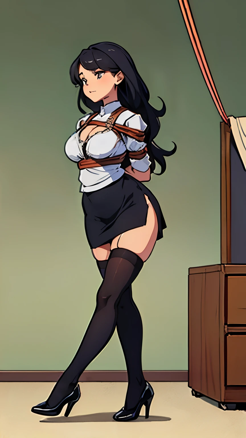 1girl, secretary room, from side, running, masterpiece, ((best quality)), ((masterpiece)), (detailed), ((secretary outfit, secretary girl)),((pencil skirt,black skirt,cleavage skirt,micro,tight skirt)),((white shirt,skinny shirt,thighhighs,white thighhighs)),((high heels, black high heels)), extra curly hair, black hair, (bound:1.5), ((full body:1.5))