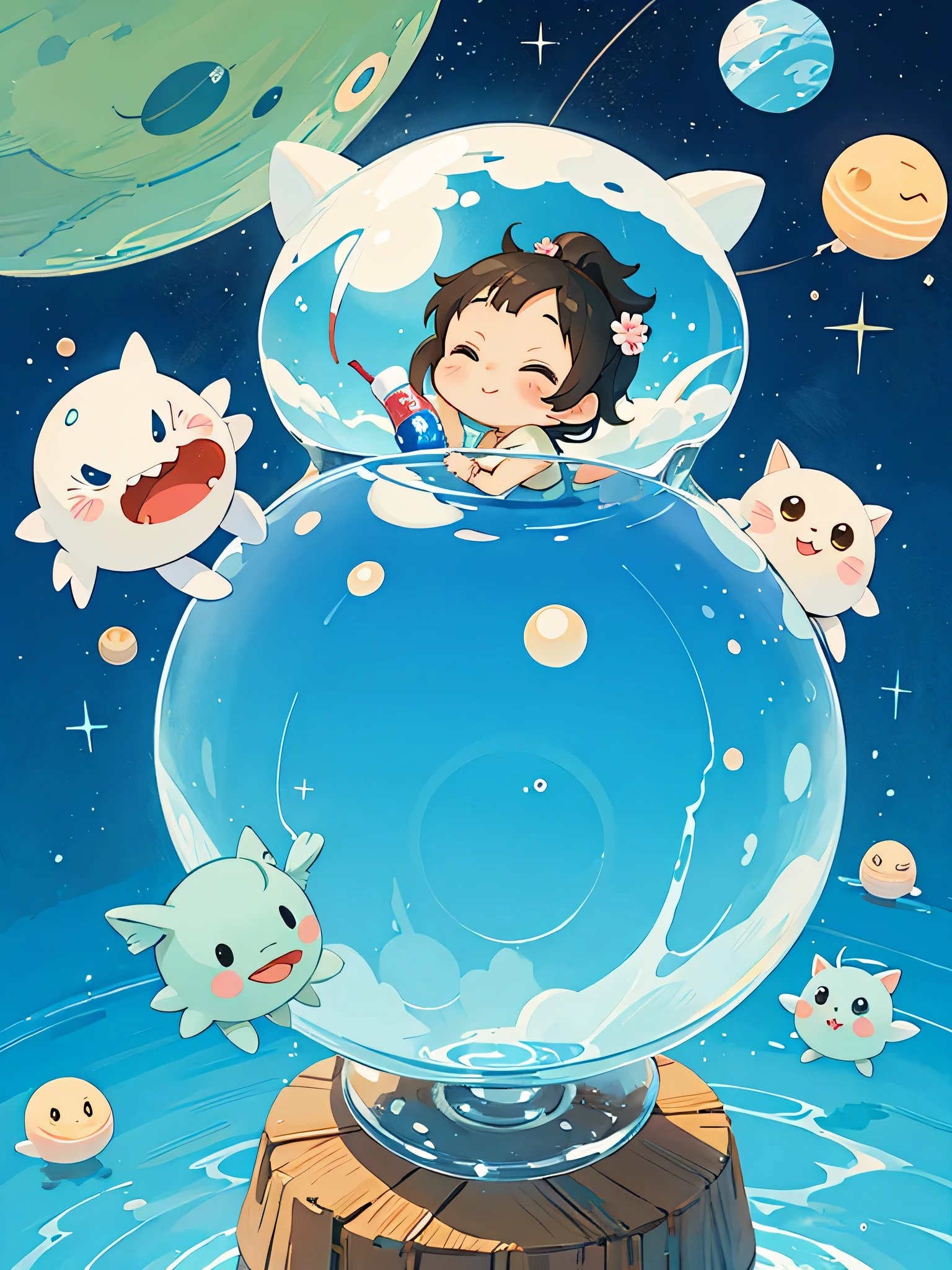 hayao miyazaki style, Kawaii Design, The most beautiful girl of all time、chibi, Cute humanoid alien、Mars exploration、drinking, 暑い夏の日