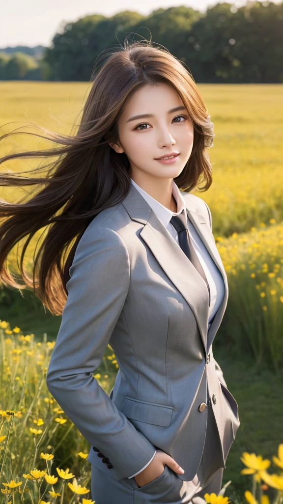 highest quality、genuine、Super detailed、finely、High resolution、8k wallpaper、one beautiful woman、、、light brown disheveled hair、wearing a business suit、sharp focus、perfect dynamic composition、beautiful and detailed eyes、thin hair、Detailed genuine skin texture、smile、model body shape、In a windswept meadow