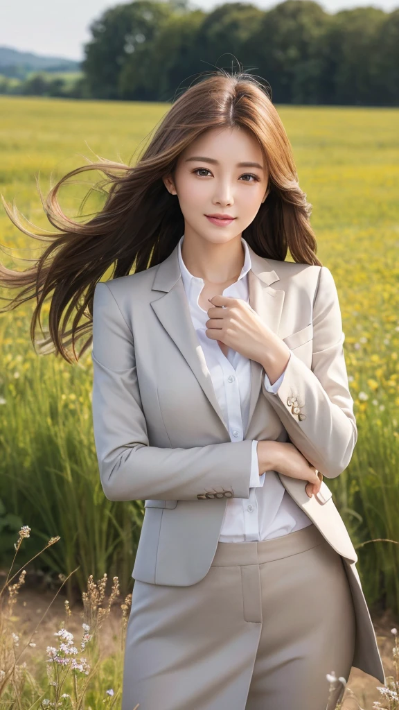 highest quality、genuine、Super detailed、finely、High resolution、8k wallpaper、one beautiful woman、、、light brown disheveled hair、wearing a business suit、sharp focus、perfect dynamic composition、beautiful and detailed eyes、thin hair、Detailed genuine skin texture、smile、model body shape、In a windswept meadow