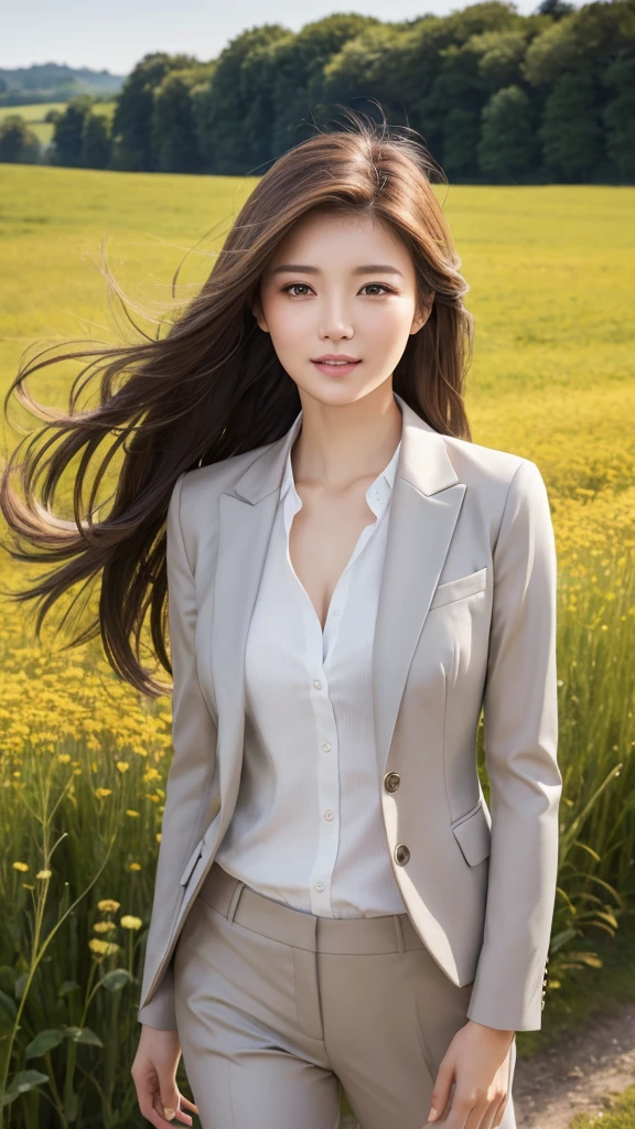 highest quality、genuine、Super detailed、finely、High resolution、8k wallpaper、one beautiful woman、、、light brown disheveled hair、wearing a business suit、sharp focus、perfect dynamic composition、beautiful and detailed eyes、thin hair、Detailed genuine skin texture、smile、model body shape、In a windswept meadow