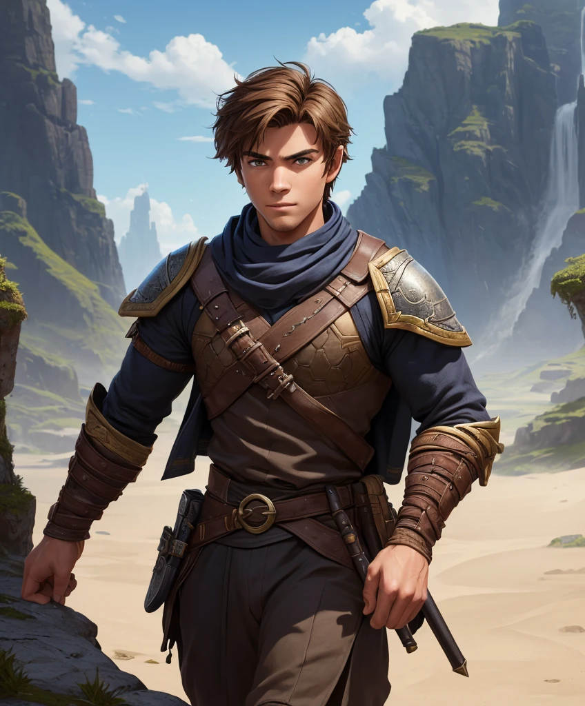 (((Solo focus.  1boy.  Single character image.)))  Design an attractive male adventurer for a fantasy setting.  He is good looking, handsome and ready for action. masterpiece:1.3,madly detailed photo:1.2, hyper-realistic lifelike texture:1.4, picture-perfect:1.0,8k