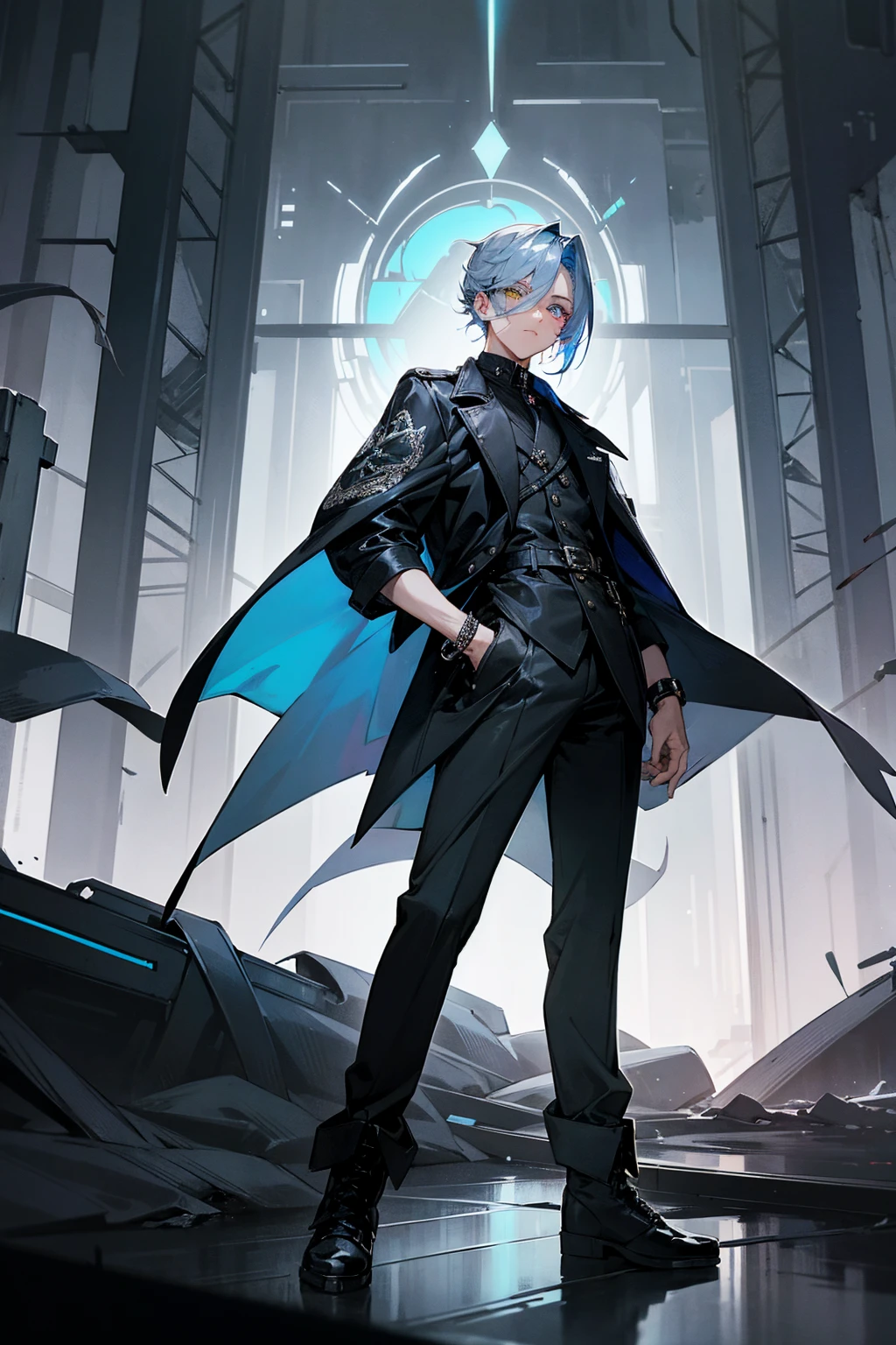 1male, midnight blue and silver split-colored hair, styled in a dramatic undercut with long flowing sections, one sapphire eye and one silver eye (heterochromia), intense expression, oversized black trench coat with intricate silver embroidery, baggy dark gray cargo pants, combat boots with silver accents, a black leather wristband with a silver emblem, dystopian city background with neon signs and holograms, detailed face, hands to side, standing on path
