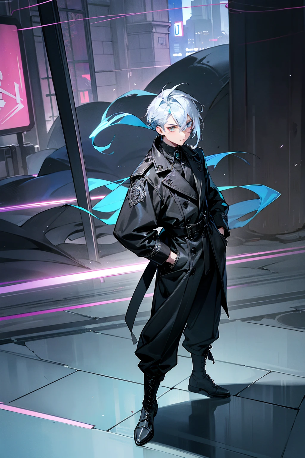 1male, midnight blue and silver split-colored hair, styled in a dramatic undercut with long flowing sections, one sapphire eye and one silver eye (heterochromia), intense expression, oversized black trench coat with intricate silver embroidery, baggy dark gray cargo pants, combat boots with silver accents, a black leather wristband with a silver emblem, dystopian city background with neon signs and holograms, detailed face, hands to side, standing on path