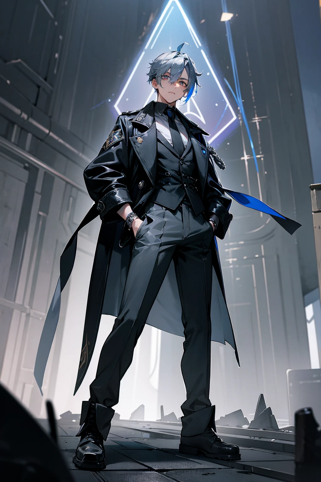 1male, midnight blue and silver split-colored hair, styled in a dramatic undercut with long flowing sections, one sapphire eye and one silver eye (heterochromia), intense expression, oversized black trench coat with intricate silver embroidery, baggy dark gray cargo pants, combat boots with silver accents, a black leather wristband with a silver emblem, dystopian city background with neon signs and holograms, detailed face, hands to side, standing on path