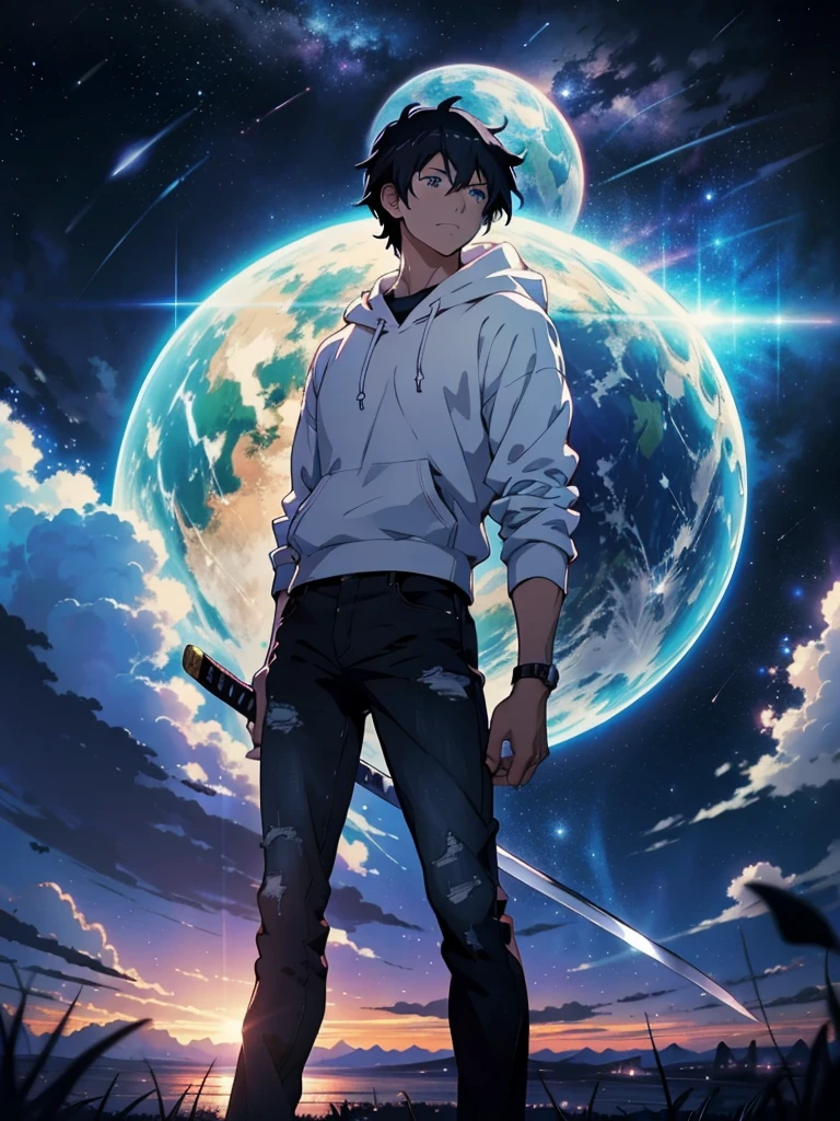 anime - style scene of a beautiful sky with a star and a planet, cosmic skies. by makoto shinkai, anime art wallpaper 4k, anime art wallpaper 4 k, anime art wallpaper 8 k, anime wallpaper 4k, anime wallpaper 4 k, 4k anime wallpaper, anime sky, amazing wallpaper, anime background, heaven planet in background, anime background art, standing young man, black hair, white hoodie,blue eyes, black jeans, blu sky. Holding a Katana.