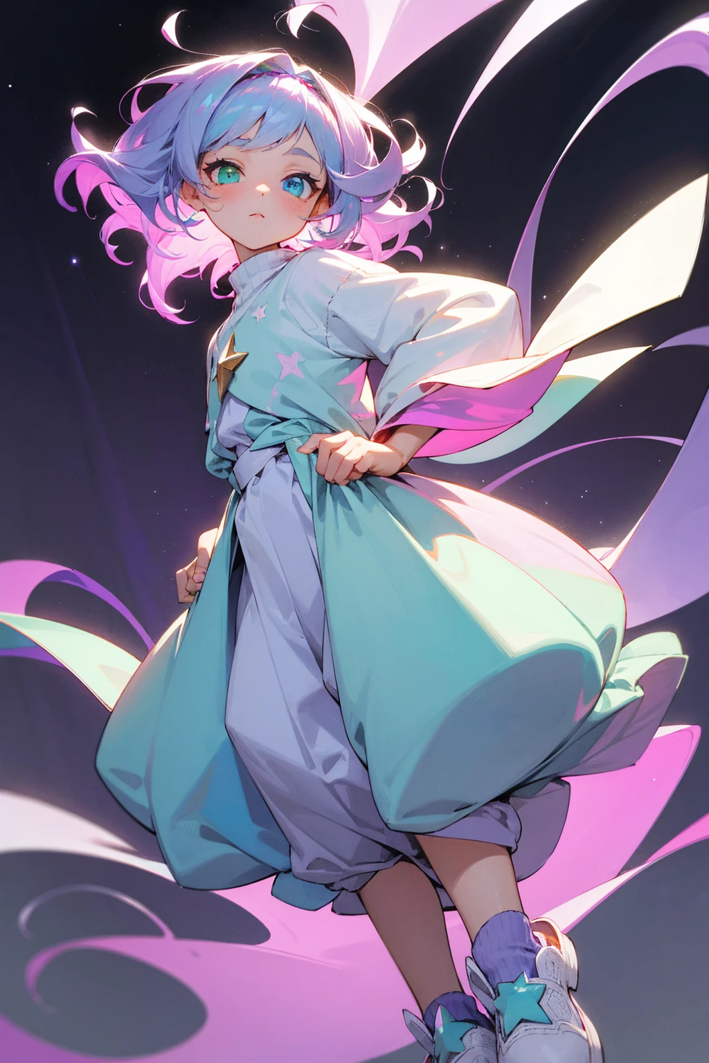 1female, pastel pink and lavender ombre hair, styled in loose, voluminous curls, one violet eye and one light blue eye (heterochromia), serene expression, oversized mint green sweater with whimsical star patterns, baggy white culottes, lavender slip-on sneakers, a delicate silver headband with small stars, magical forest background with glowing flora and sparkling fairy lights, detailed face, hands to side, standing on path