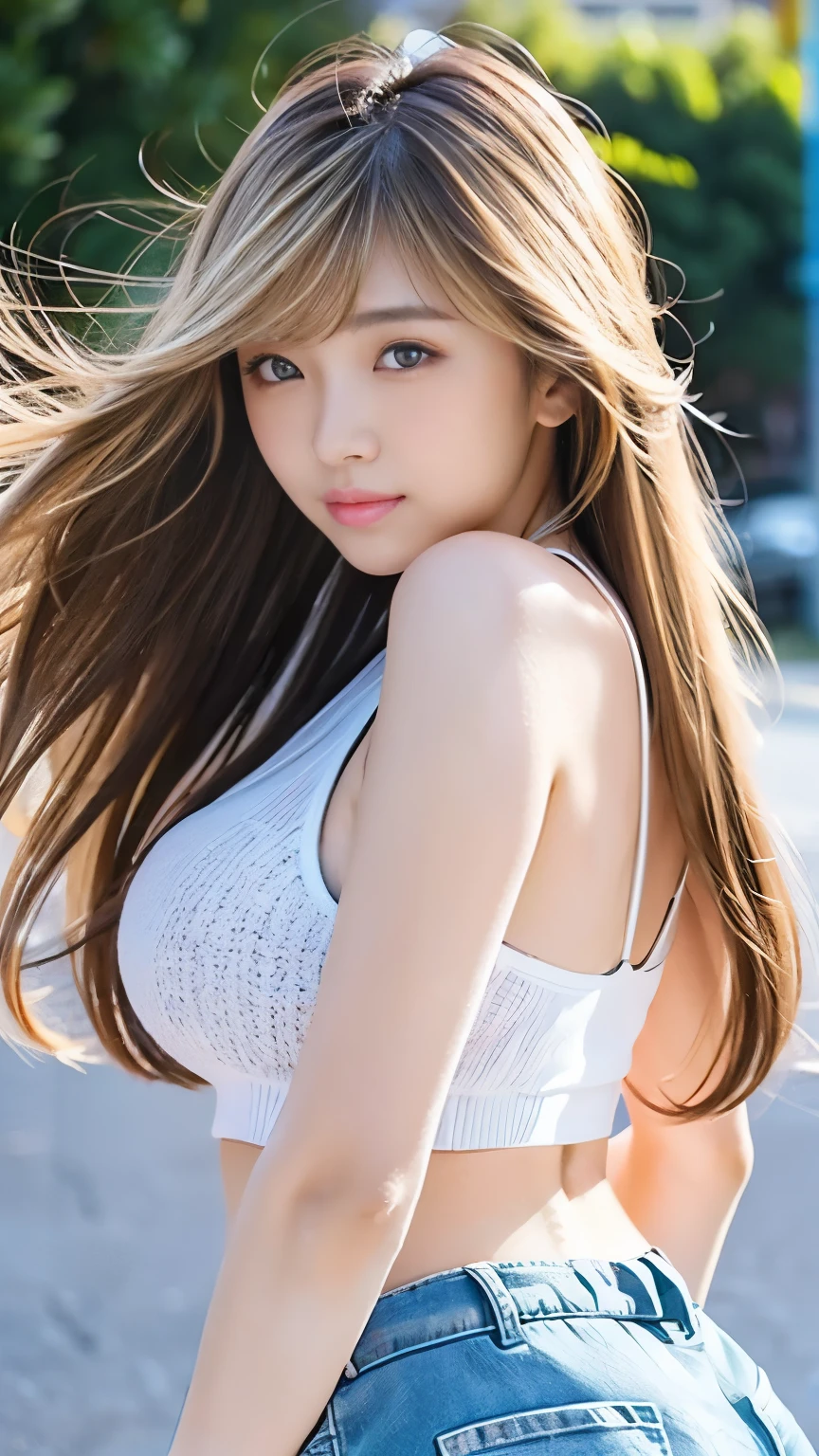 Sexy Big 、A cute 20-year-old girl with a sexy and cute look, beautiful and sexy face、A strong wind blows my hair in front of my face、With straight blonde hair、beautiful, Cute and sexy eyes hidden behind long bangs