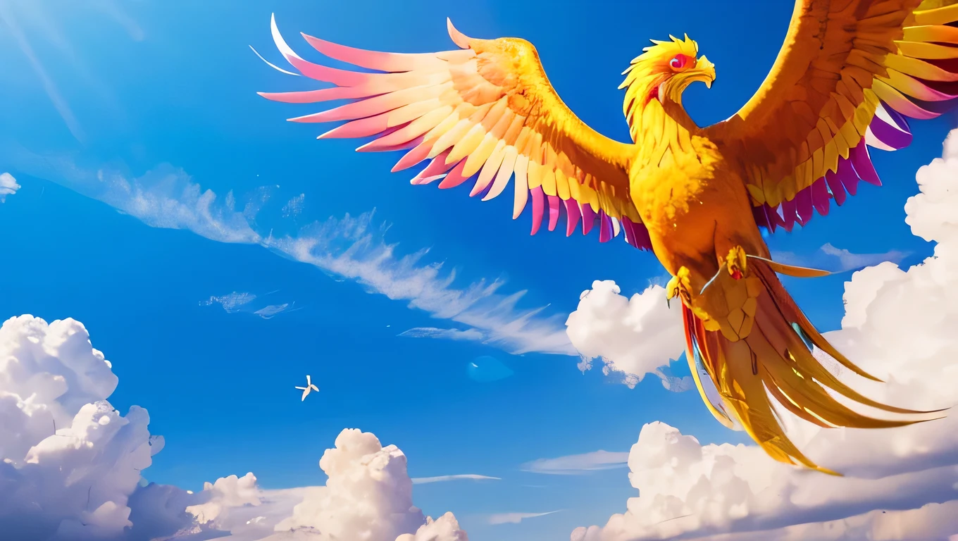 Colorful divine phoenix、Flying in the sky、Clear blue sky、The rainbow is coming out