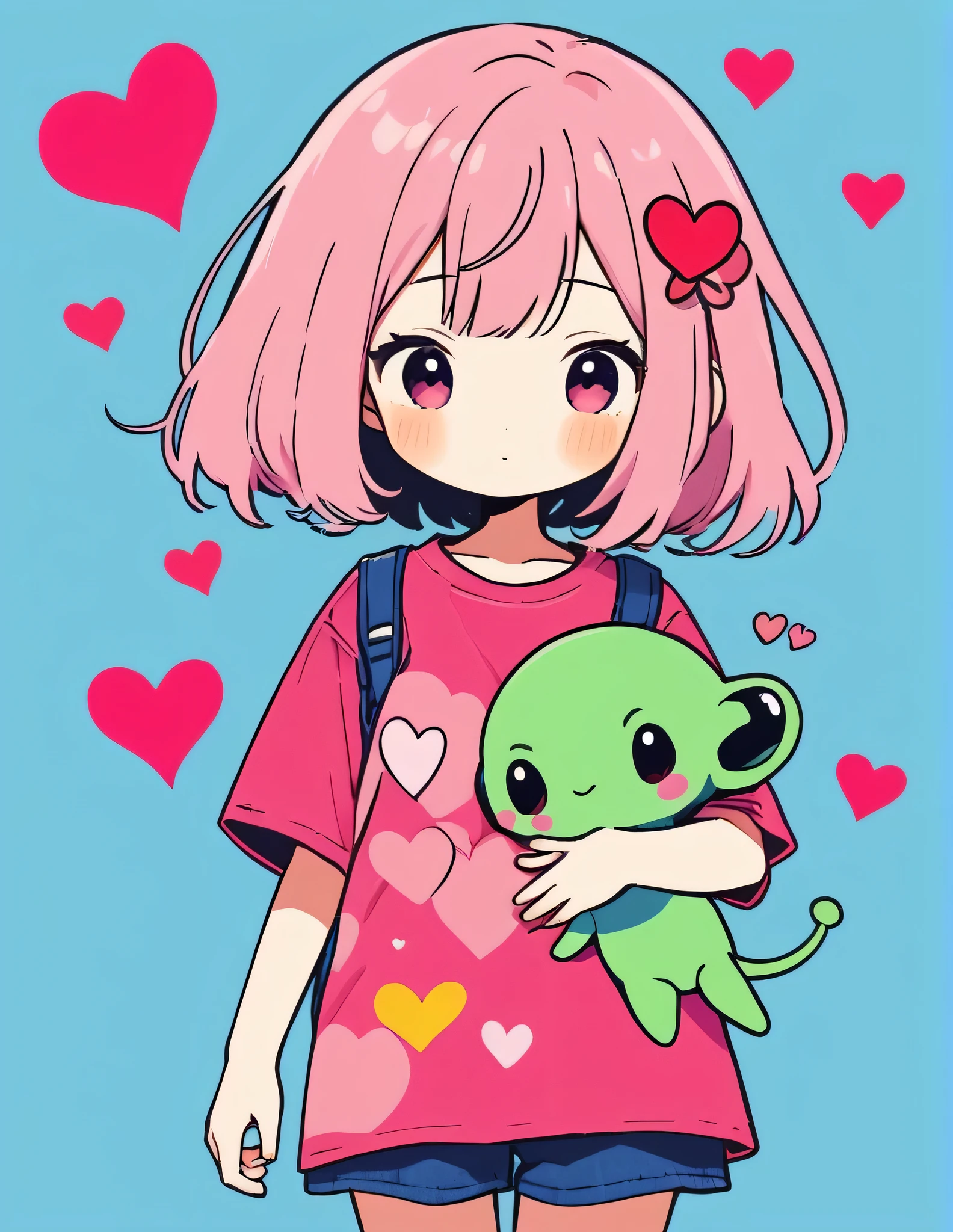 Momoko Sakura colorful style, Simple Line Initialism,Abstract art,Kawaii Design, The most beautiful girl of all time、chibi, (((Hug Cute humanoid alien)), (((Cute humanoid alien))), colorful hearts, Stylish summer t-shirts