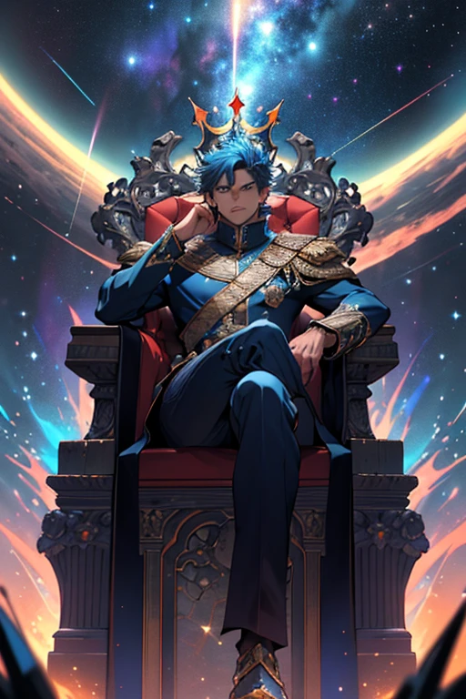"A male figure of supreme power, the most dominant being across all multiverses, sitting on an elaborate throne. He is surrounded by a majestic background of swirling galaxies and cosmic phenomena. On his head rests an epic, intricate crown symbolizing his ultimate authority and creation of all multiverses