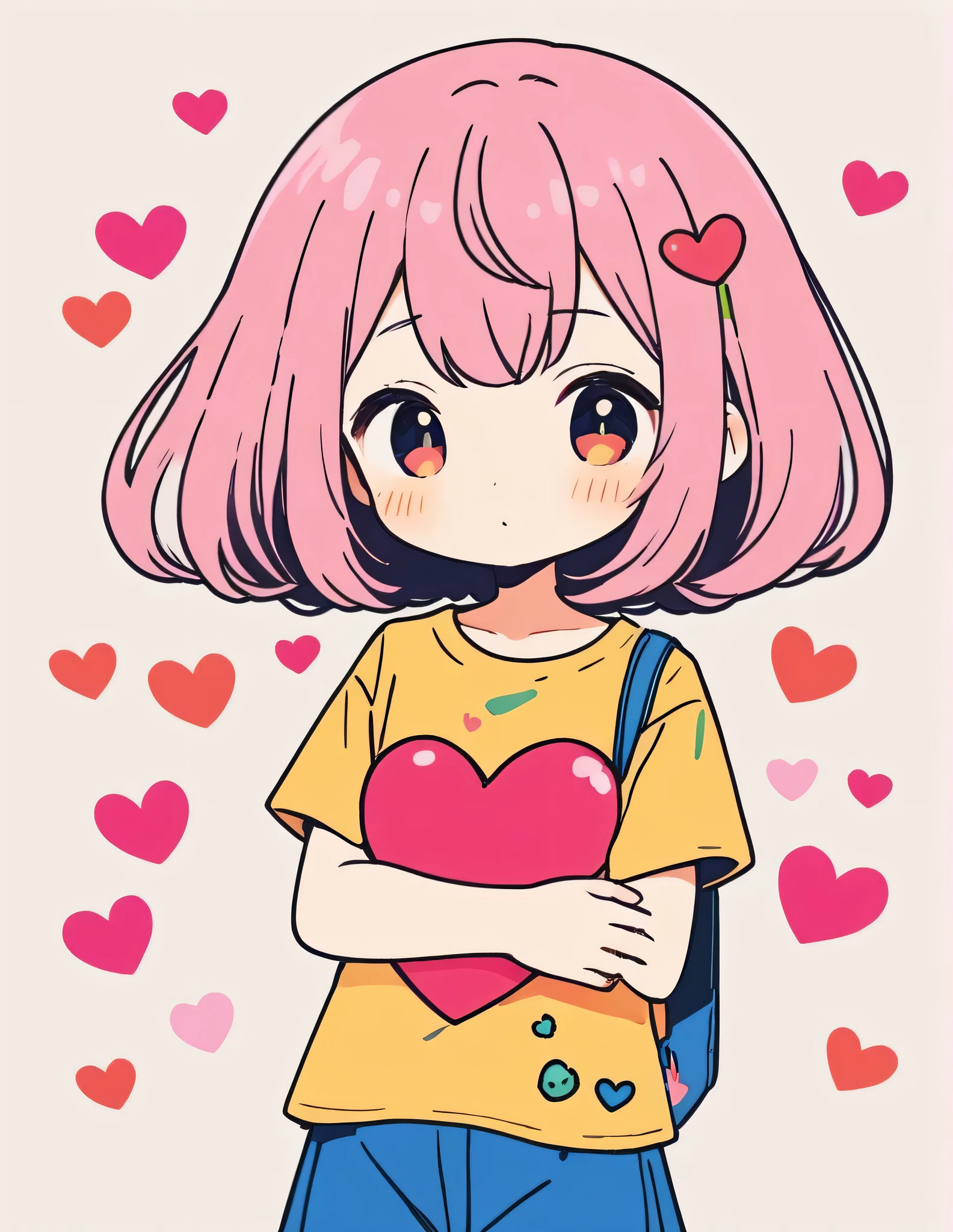 Momoko Sakura colorful style, Simple Line Initialism,Abstract art,Kawaii Design, The most beautiful girl of all time、chibi, (((Hug Cute humanoid alien)), (((Cute humanoid alien))), colorful hearts, Stylish summer t-shirts