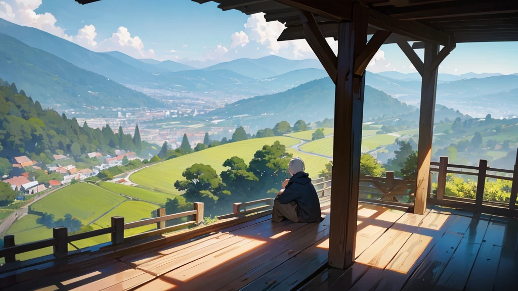 The image captures a serene moment from a scenic overlook, where a person wearing a gray hoodie is seated on a wooden fence, facing away from the camera and looking out over a sprawling city. The city is nestled in a valley surrounded by lush, green mountains. The sky above is a vibrant blue with scattered white clouds, suggesting a clear and pleasant day.

In the foreground, the wooden fence is sturdy and rustic, supported by vertical posts. The ground is covered with fallen leaves, indicating the autumn season. Tall trees frame the top of the image, with branches and leaves providing a natural canopy that adds to the tranquil atmosphere.

The city below is densely packed with a variety of buildings, ranging from small houses to larger structures, all closely situated. The landscape is a mix of urban development and green spaces, with patches of trees and vegetation visible among the buildings. In the distance, the rolling mountains create a picturesque backdrop, their slopes covered in forests.

Overall, the scene evokes a sense of peaceful contemplation, as the lone figure takes in the panoramic view of the city and the natural beauty surrounding it. The long shadows and warm light suggest that the photo was taken either in the early morning or late afternoon.