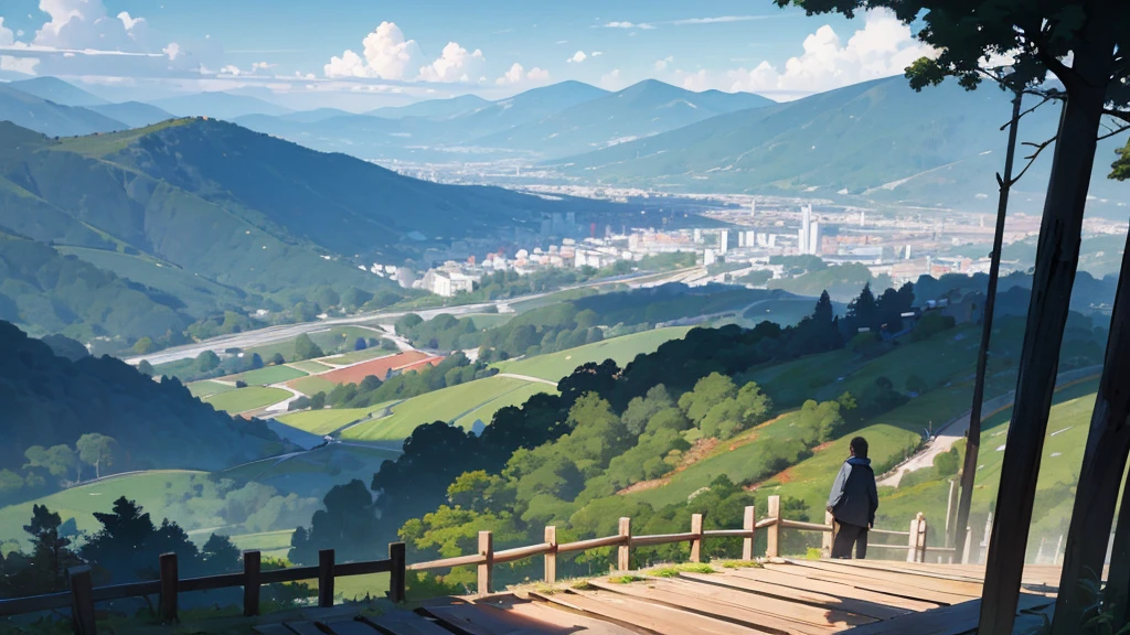 The image captures a serene moment from a scenic overlook, where a person wearing a gray hoodie is seated on a wooden fence, facing away from the camera and looking out over a sprawling city. The city is nestled in a valley surrounded by lush, green mountains. The sky above is a vibrant blue with scattered white clouds, suggesting a clear and pleasant day.

In the foreground, the wooden fence is sturdy and rustic, supported by vertical posts. The ground is covered with fallen leaves, indicating the autumn season. Tall trees frame the top of the image, with branches and leaves providing a natural canopy that adds to the tranquil atmosphere.

The city below is densely packed with a variety of buildings, ranging from small houses to larger structures, all closely situated. The landscape is a mix of urban development and green spaces, with patches of trees and vegetation visible among the buildings. In the distance, the rolling mountains create a picturesque backdrop, their slopes covered in forests.

Overall, the scene evokes a sense of peaceful contemplation, as the lone figure takes in the panoramic view of the city and the natural beauty surrounding it. The long shadows and warm light suggest that the photo was taken either in the early morning or late afternoon.