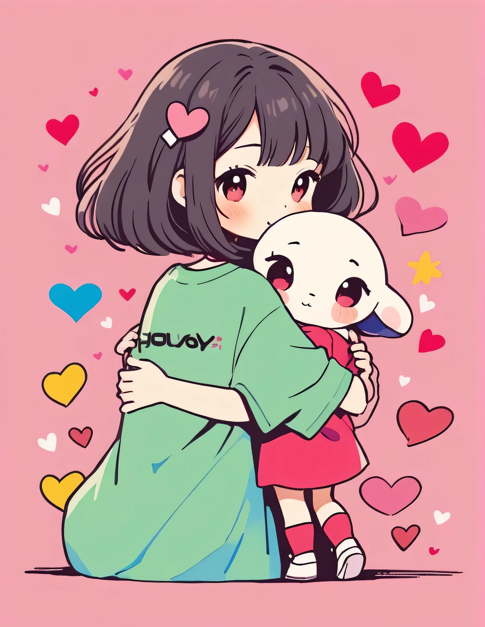 Momoko Sakura colorful style, Simple Line Initialism,Abstract art,Kawaii Design, The most beautiful girl of all time、chibi, (((Hug Cute humanoid alien)), (((Cute humanoid alien))), colorful hearts, Stylish summer t-shirts
