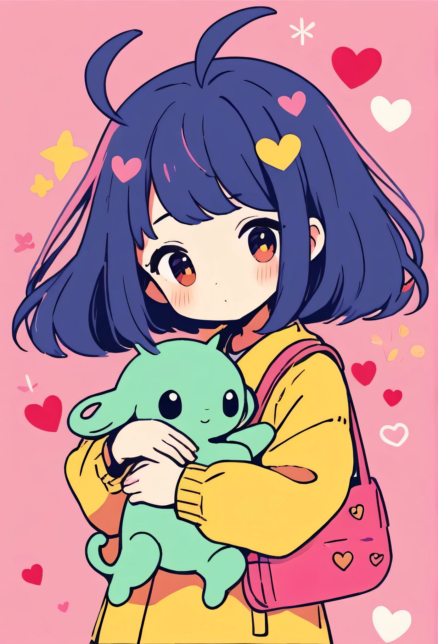 Momoko Sakura colorful style, Simple Line Initialism,Abstract art,Kawaii Design, The most beautiful girl of all time、chibi, (((Hug Cute humanoid alien))), (((Cute humanoid aliens))), colorful hearts, summer version,