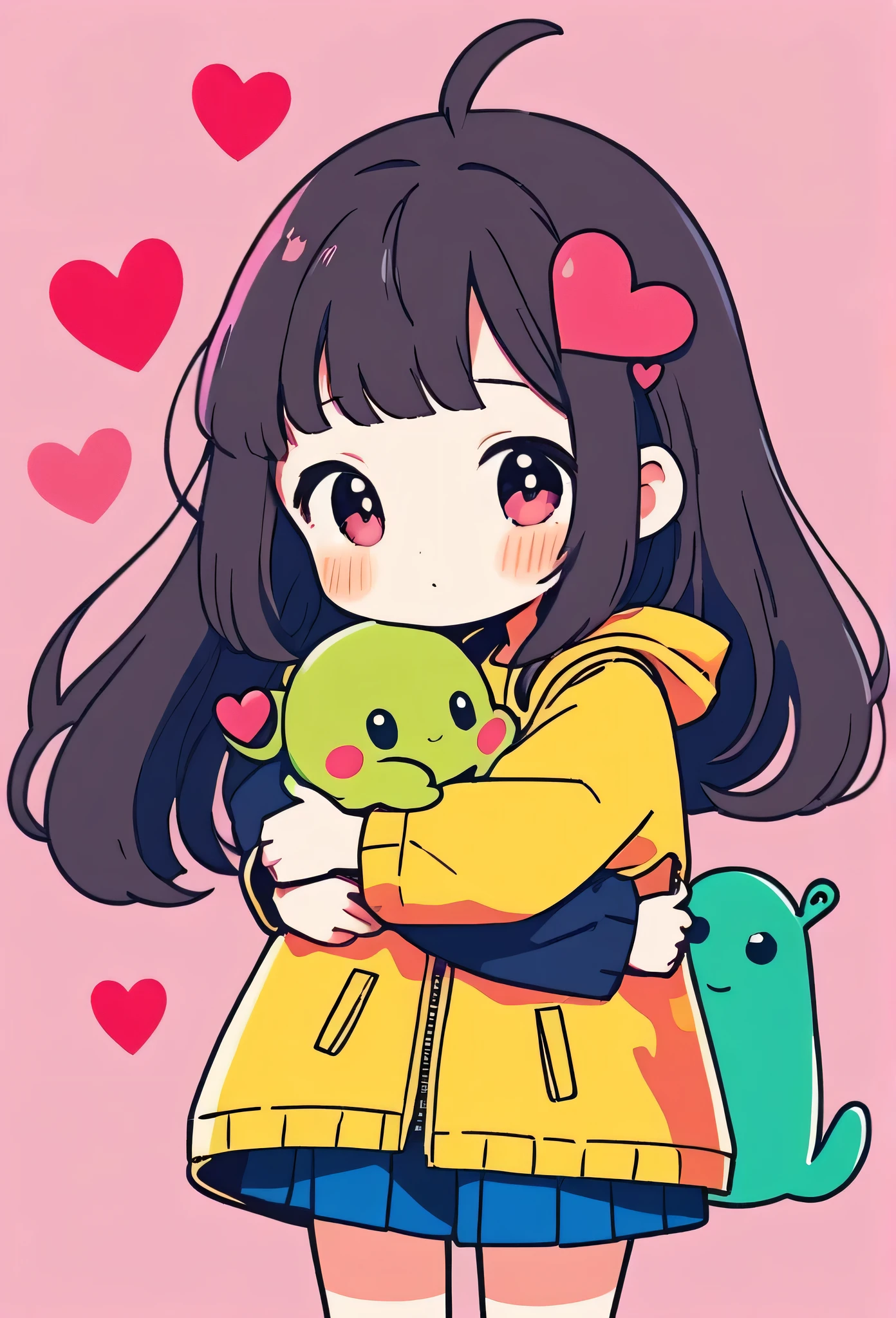 Momoko Sakura colorful style, Simple Line Initialism,Abstract art,Kawaii Design, The most beautiful girl of all time、chibi, (((Hug Cute humanoid alien))), (((Cute humanoid aliens))), colorful hearts, summer version,