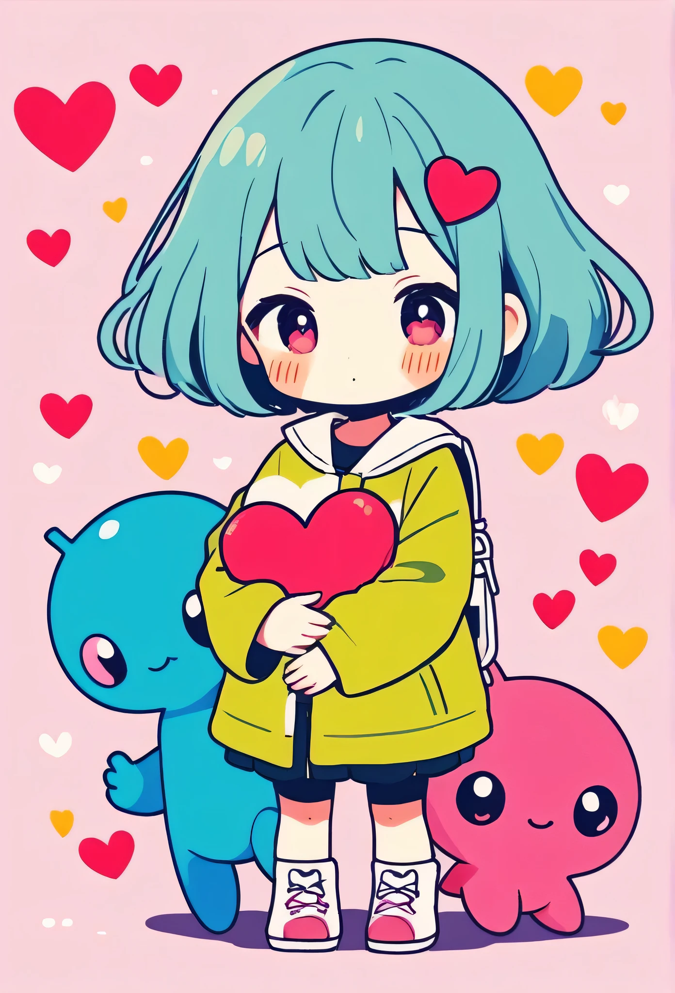 Momoko Sakura colorful style, Simple Line Initialism,Abstract art,Kawaii Design, The most beautiful girl of all time、chibi, (((Hug Cute humanoid alien))), (((Cute humanoid aliens))), colorful hearts, summer version,