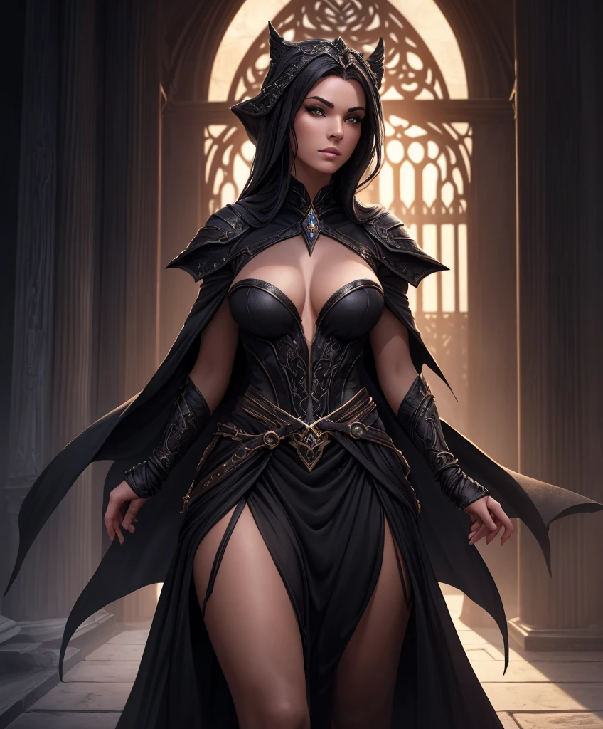 (((Solo focus.  1girl  Single character image.)))  Design a sexy female sorceress for a dark fantasy setting.  She dresses in black colors, appears powerful and is sultry and mysterious. masterpiece:1.3,madly detailed photo:1.2, hyper-realistic lifelike texture:1.4, picture-perfect:1.0,8k